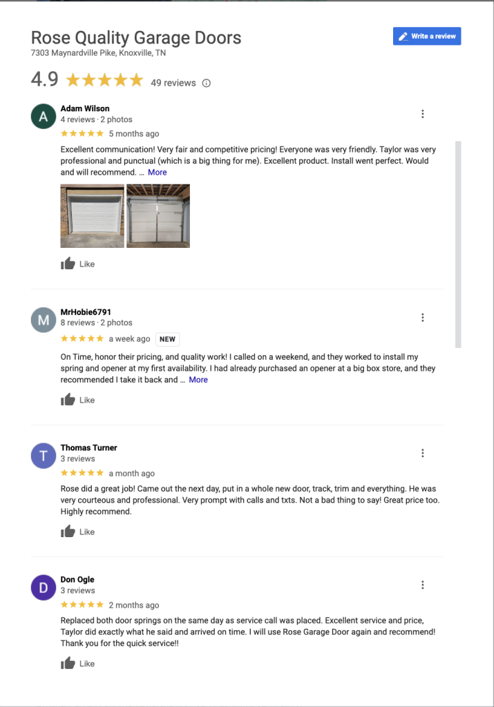 Knoxville Rose Quality Google Reviews